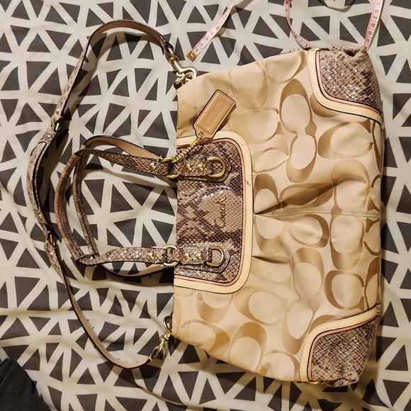 Beige COACH Signature Canvas & Python Embossed Leather Ashley Tote - Picture 2 of 6